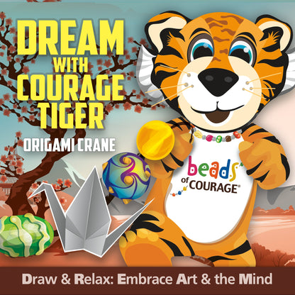 Origami crane, tiger mascot, and text about 'Dream with Courage Tiger' on a colorful background